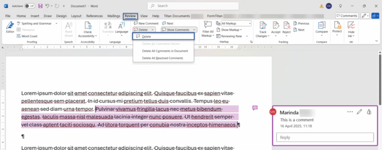 how to remove comments in word track changes