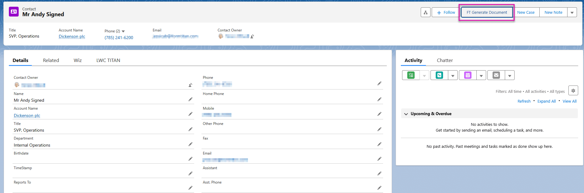Screenshot of Salesforce interface highlighting the FT Generate Document button
