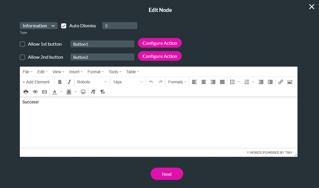 Screenshot of the toast node window