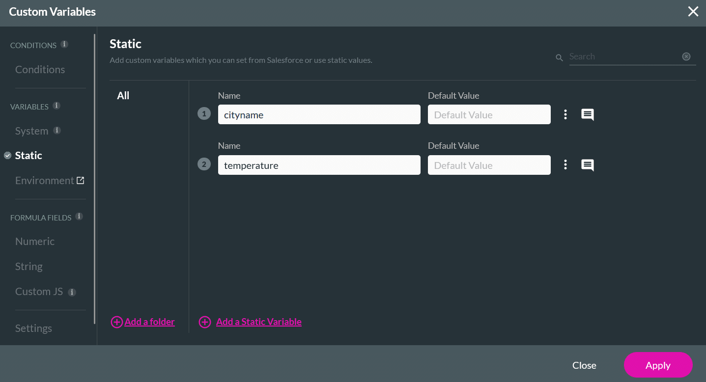 Screenshot of the custom variables window in Titan Flow