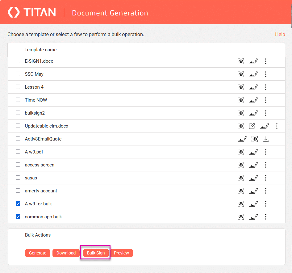 Screenshot of the document generation window with the bulk sign button highlighed
