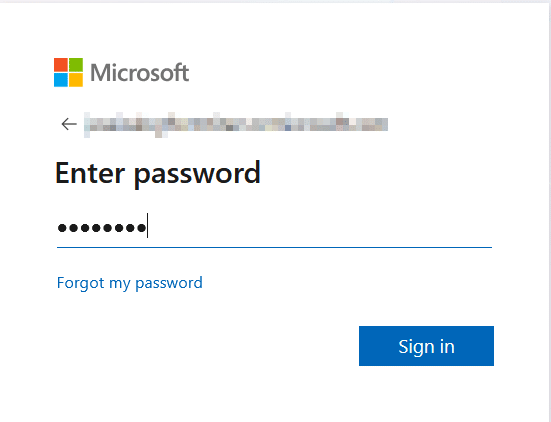 Screenshot of the Microsoft log in screen