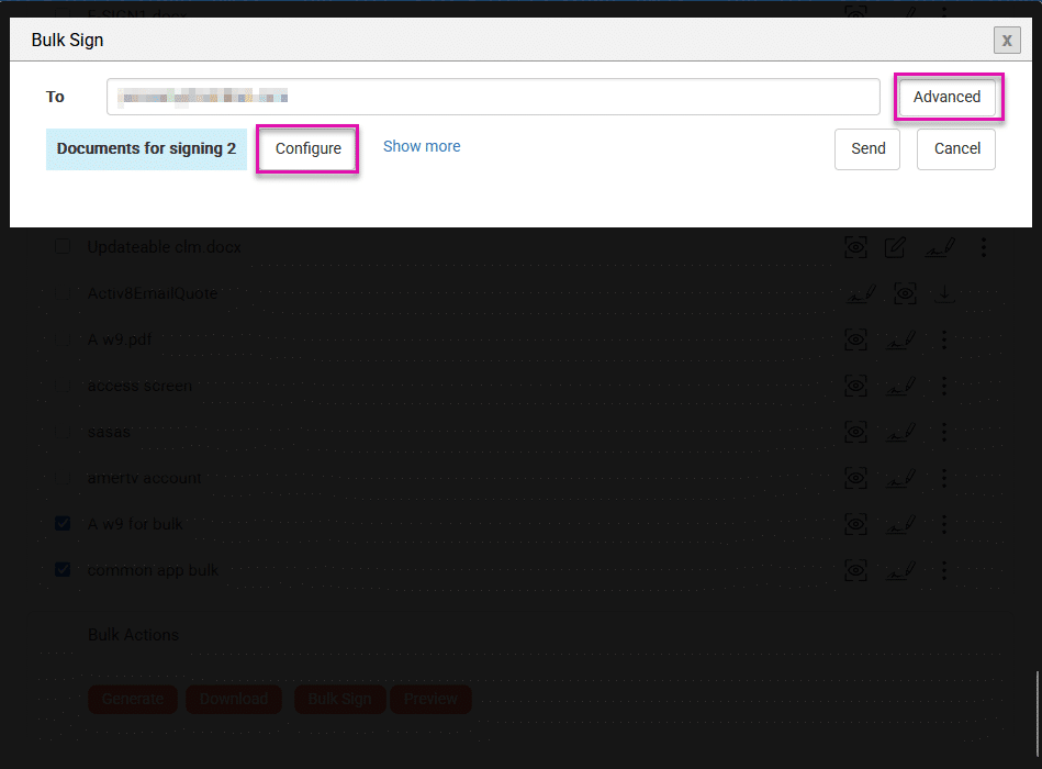 Screenshot of the bulk sign window with the advanced and configure buttons highlighted