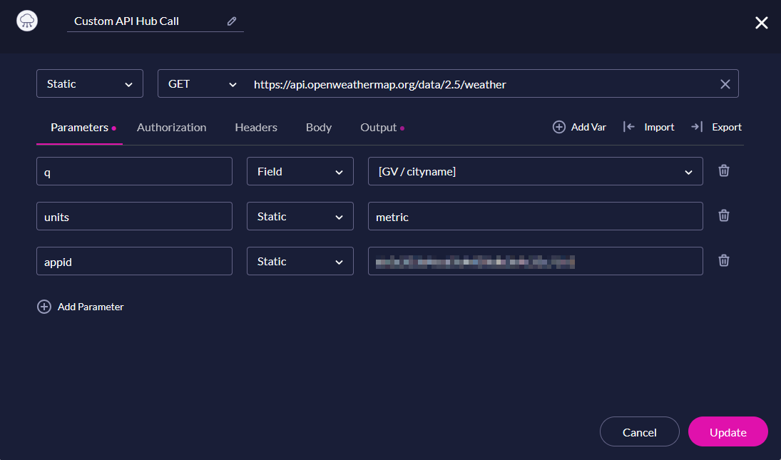 Screenshot of the Custom API Hub Call displaying the Parameters tab
