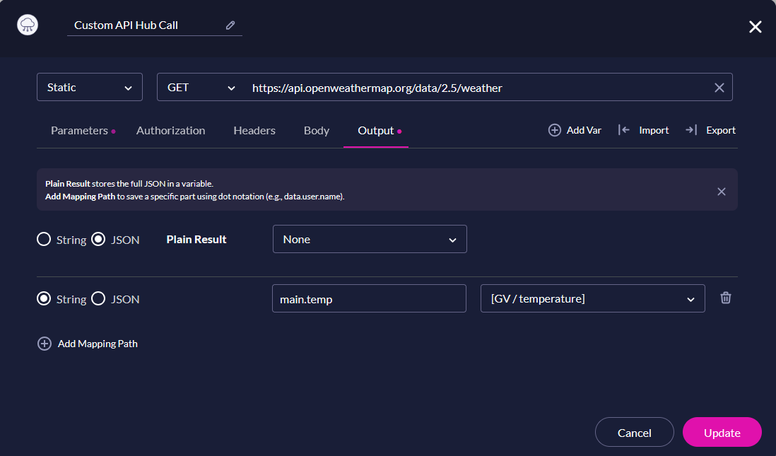 Screenshot of the Custom API Hub Call displaying the Parameters tab