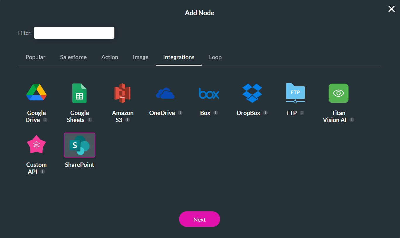 Screenshot of the Add Node screen highlighting the SharePoint node