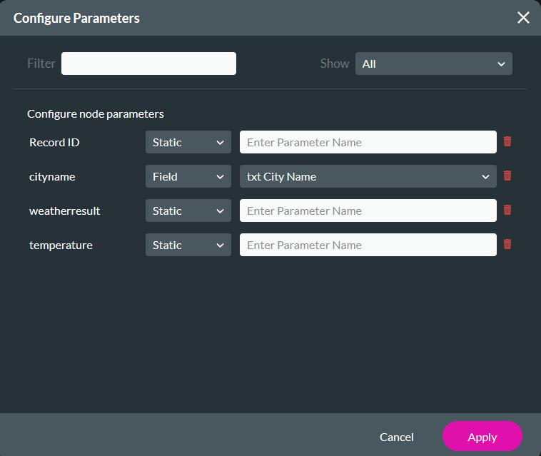 Screenshot of the configure parameters screen