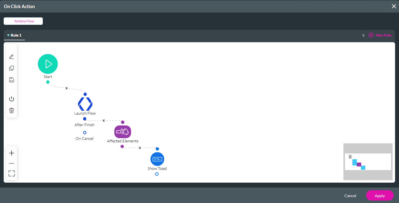 Screenshot of the configured on click action