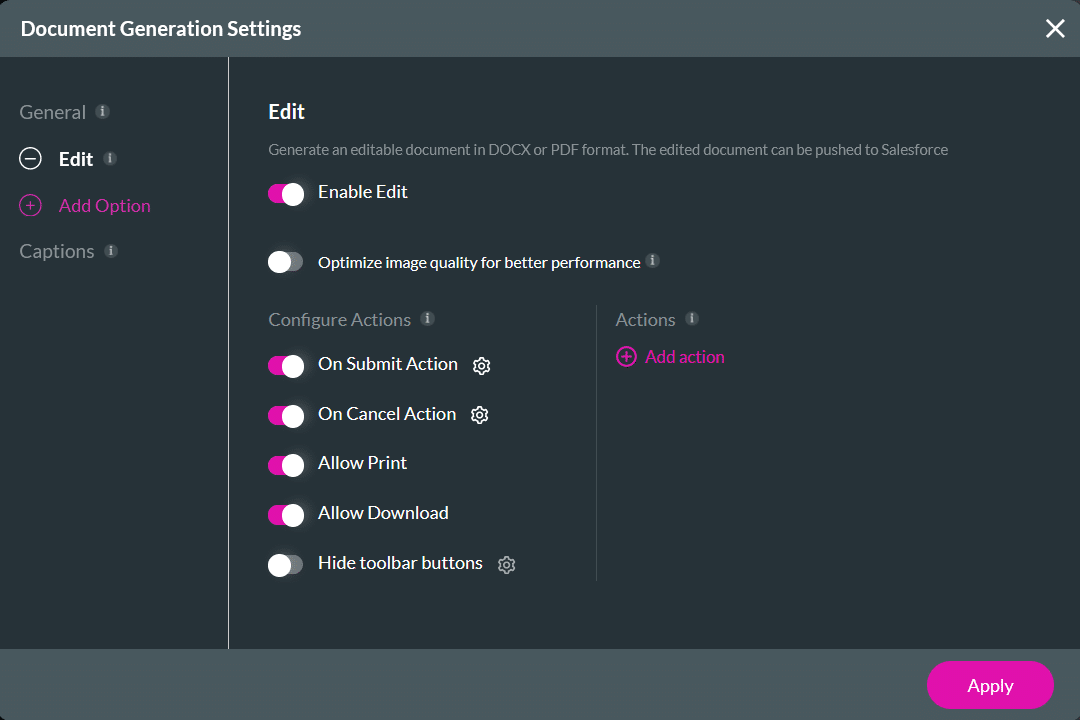 Document Generation Settings - edit tab