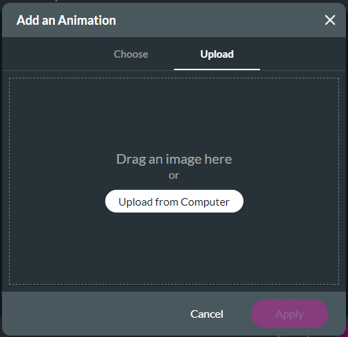 Add an Animation - Upload screen