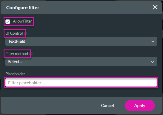 Configure filter screen