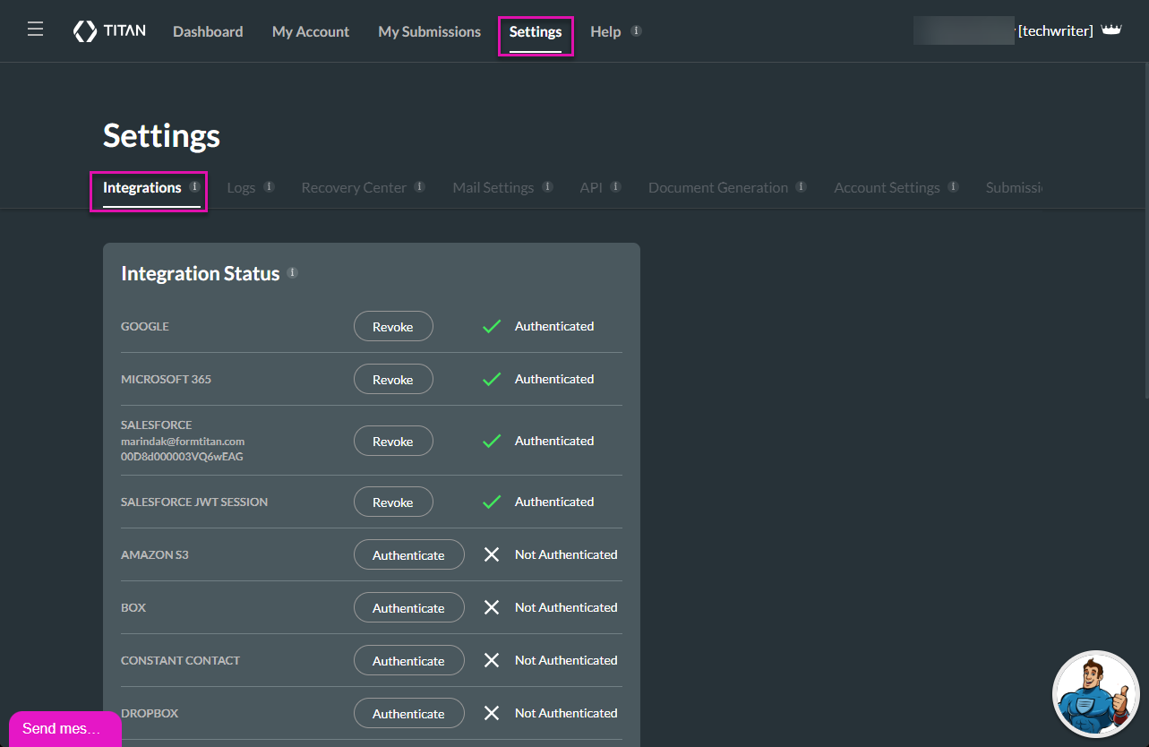 Integration Status screen