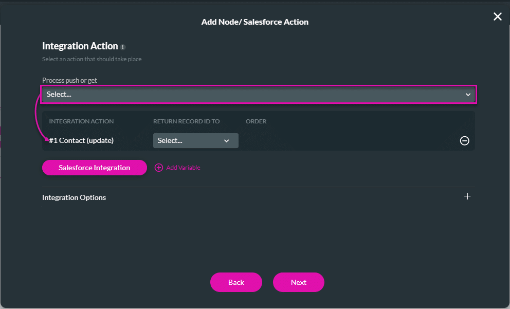 Add Node/Salesforce Action screen