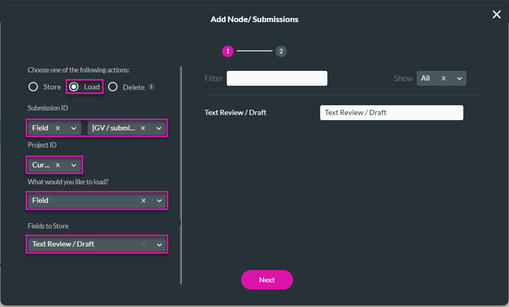 Add Node/Submissions screen