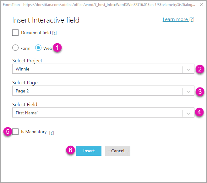 Insert Interactive fields screen