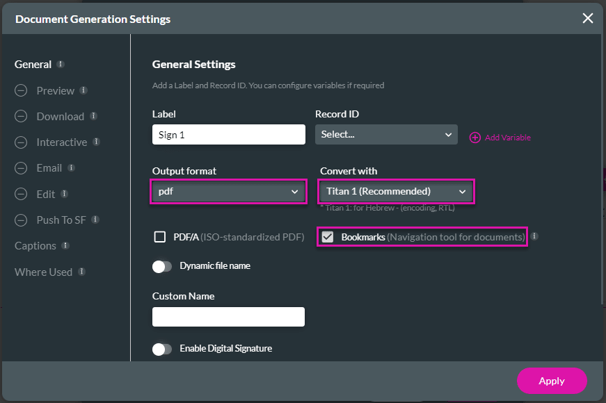 Document Generation Settings