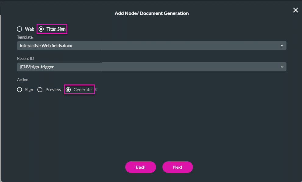 Add Node/Document Generation screen