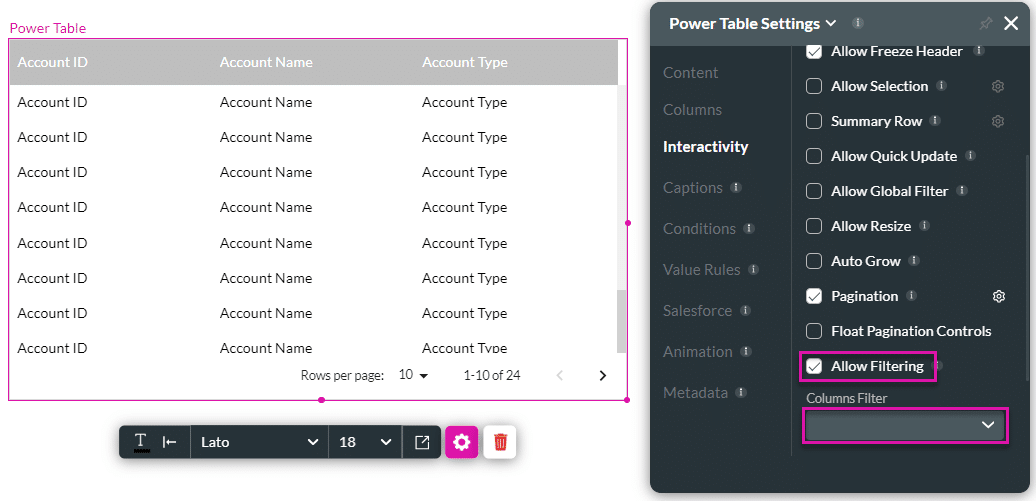 Allow Filtering checkbox enabled