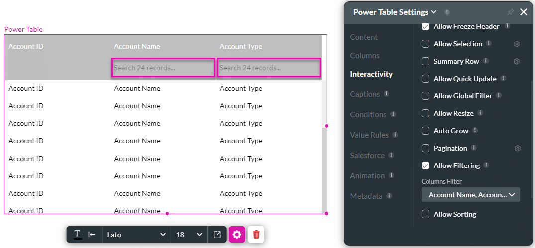 Columns Filter option