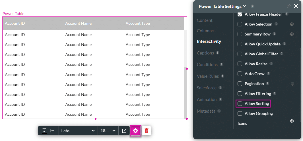 Allow Sorting checkbox disabled