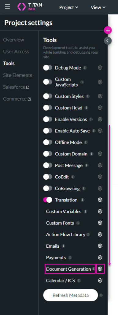 Project Settings - Document Generation option