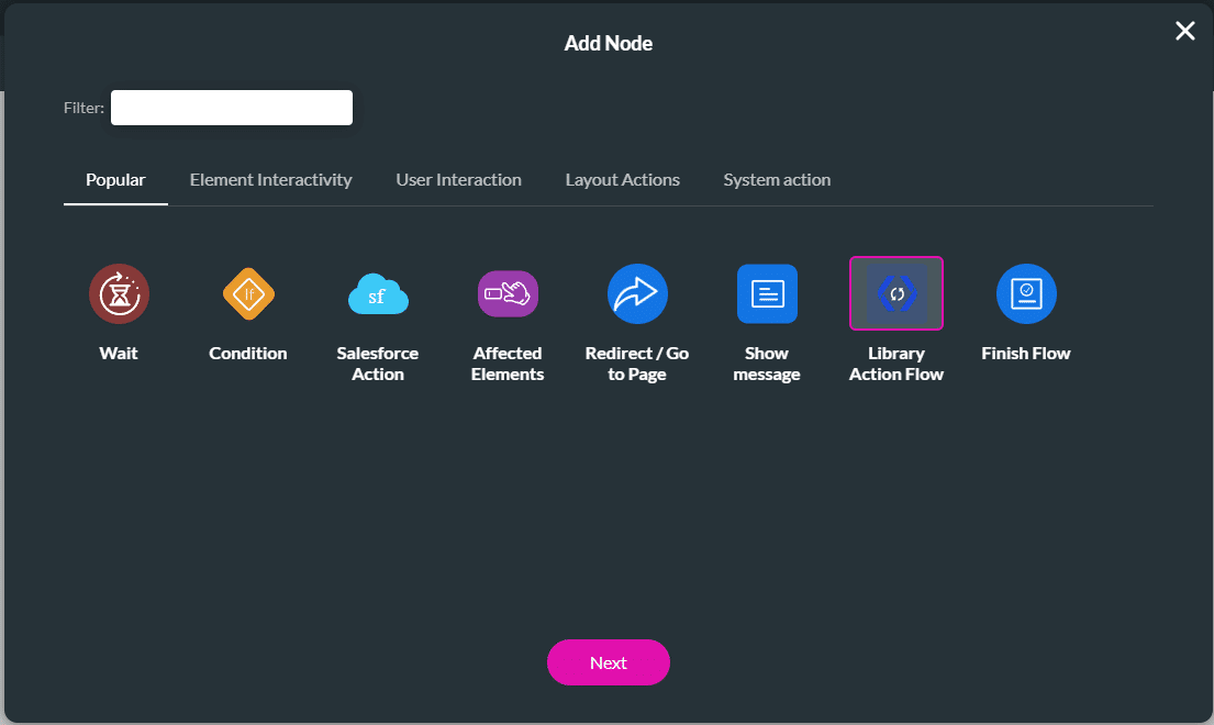 Add Node > Library Action Flow