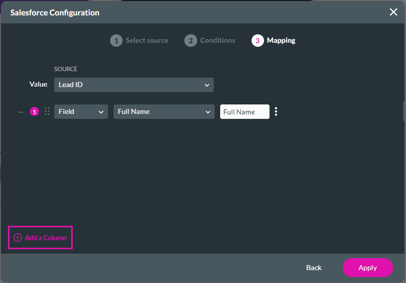 Salesforce Configuration screen - Mapping step