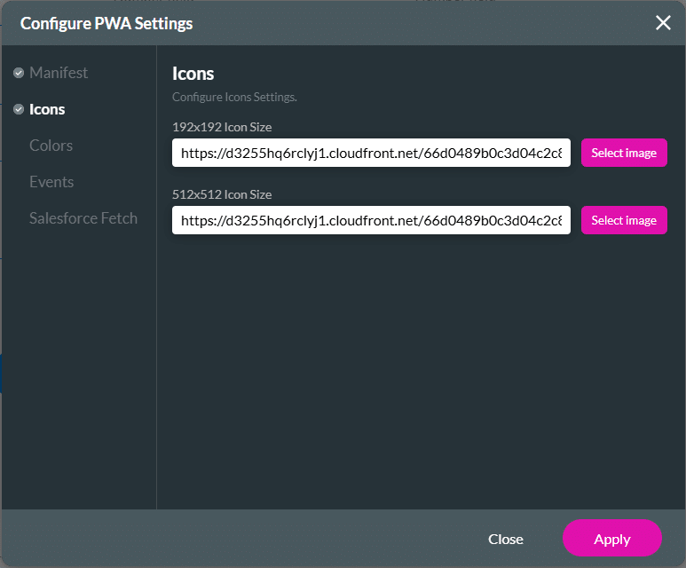 Configure PWA Settings screen