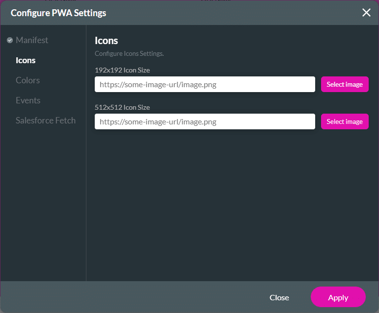 Configure PWA Settings screen