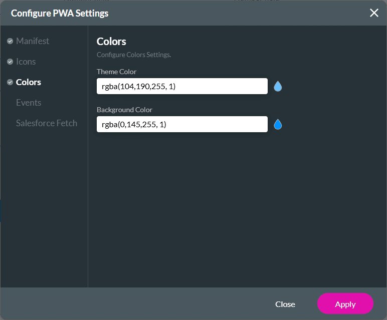 Configure PWA Settings screen