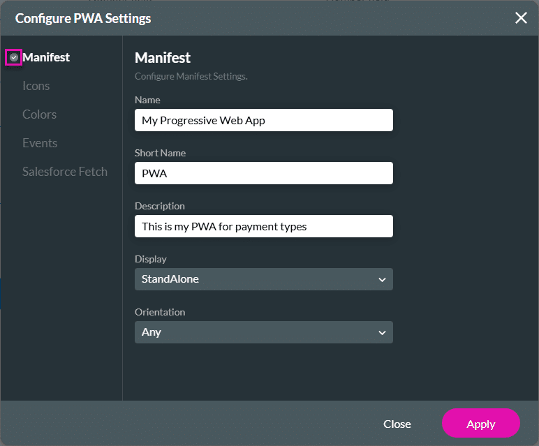 Configure PWA Settings screen
