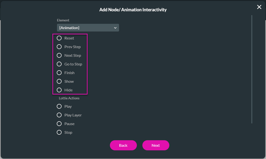 Add Node/Animation Interactivity screen