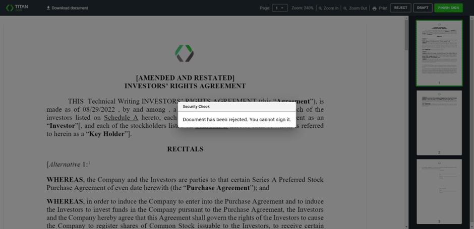 Document has been rejected. You cannot sign it message