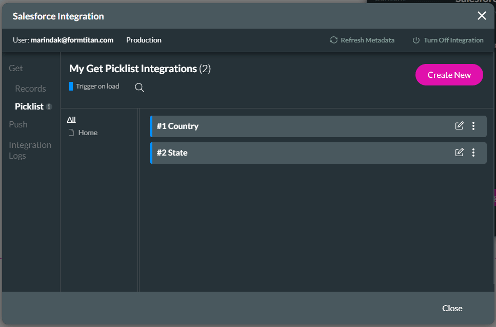 Salesforce Integration screen