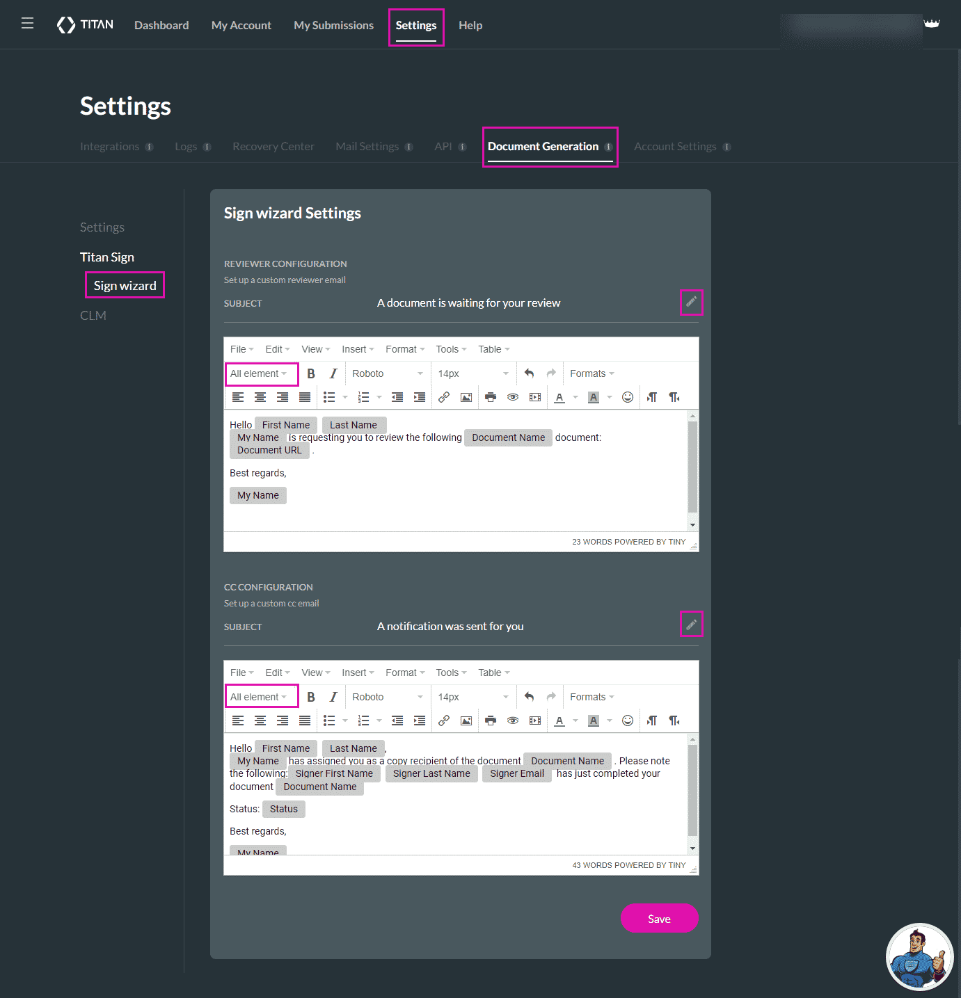 Custom Reviewer and CC Email Configuration for Salesforce Sign projects.