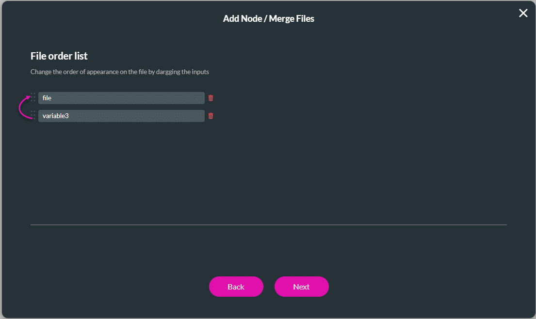 Add Node/Merge File screen- File order
