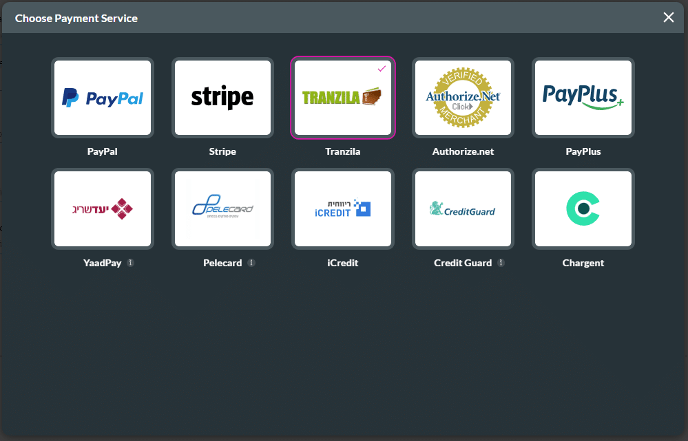 Choose Payment Service screen