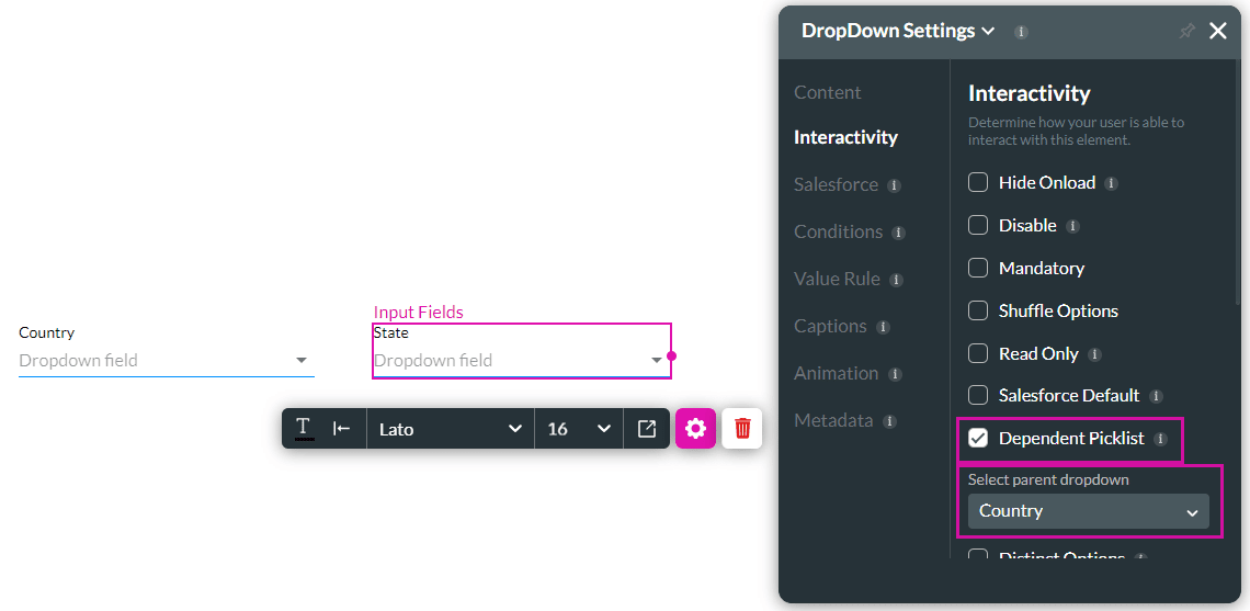 DropDown Settings screen