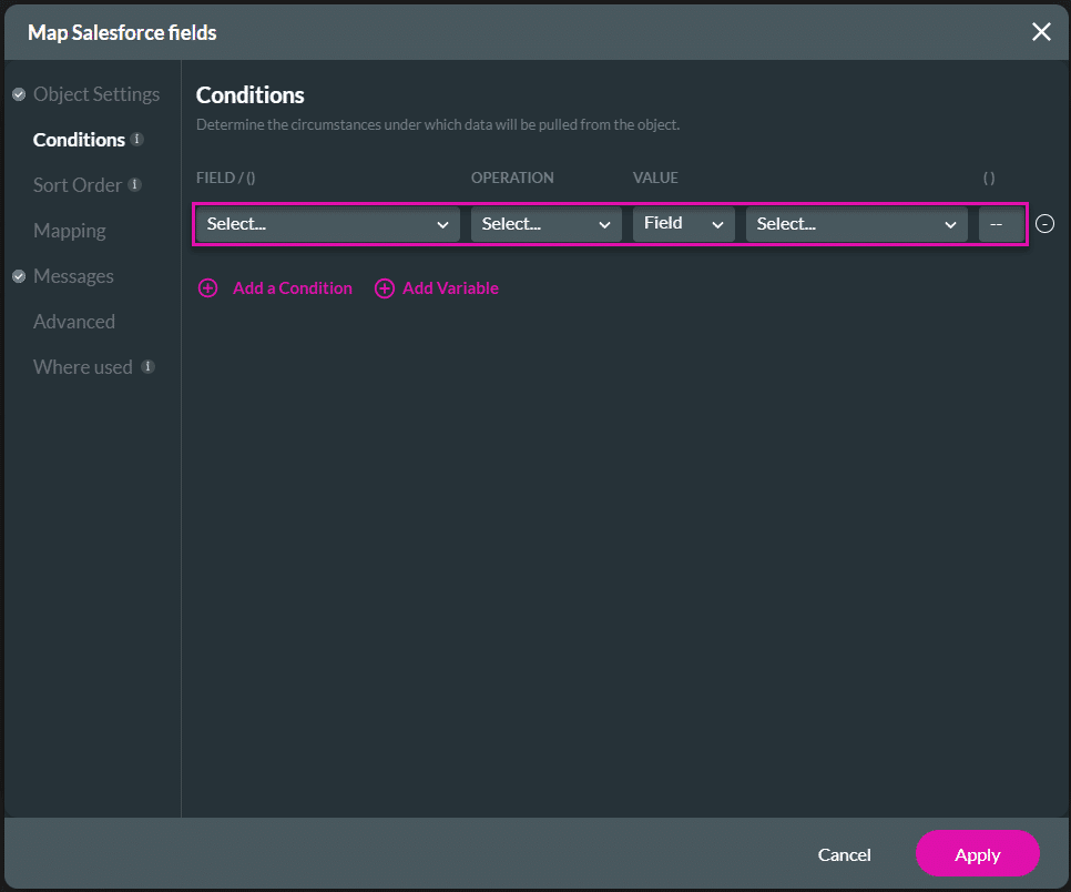 Map Salesforce fields screen