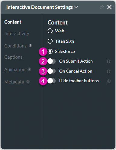 Content settings screen - Salesforce option