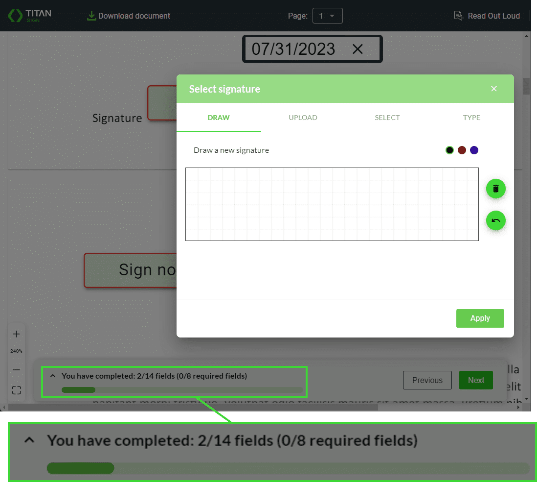 Select signature screen