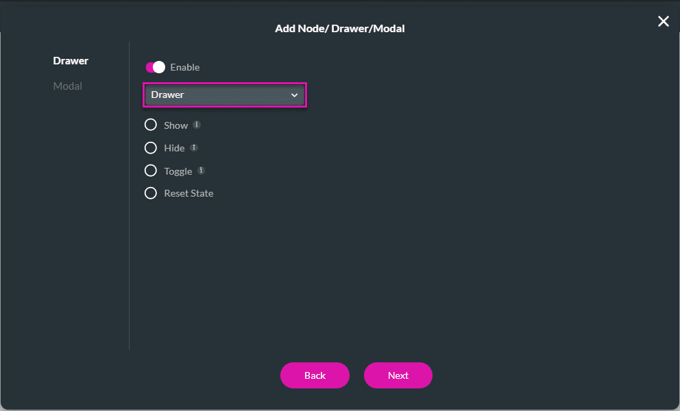 Add Node/Drawer/Modal screen