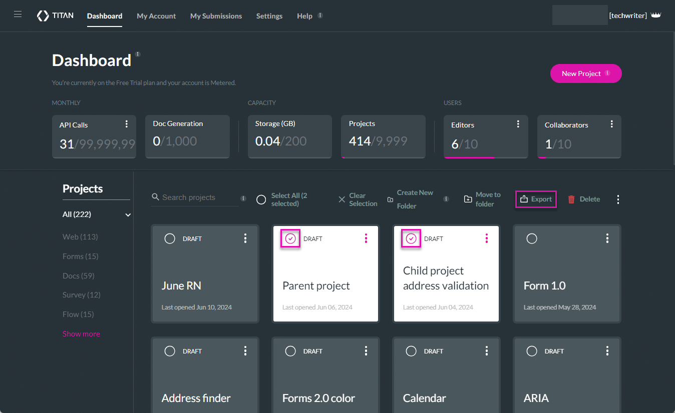 Multiple projects selected