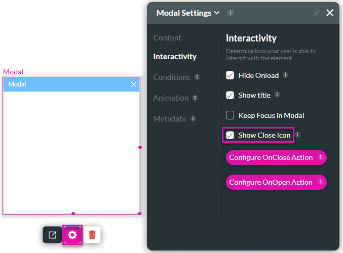 Show Close Icon checkbox enabled