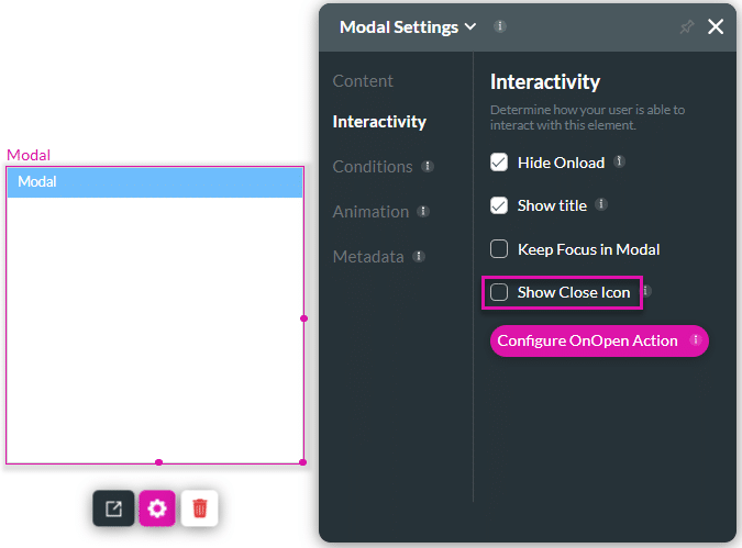 Show Close Icon checkbox disabled