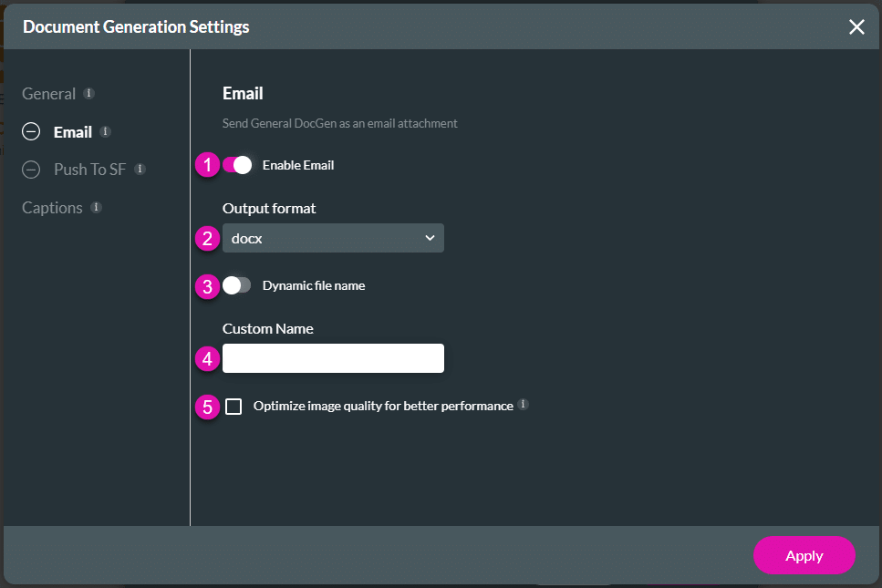 Document Generation screen - Email