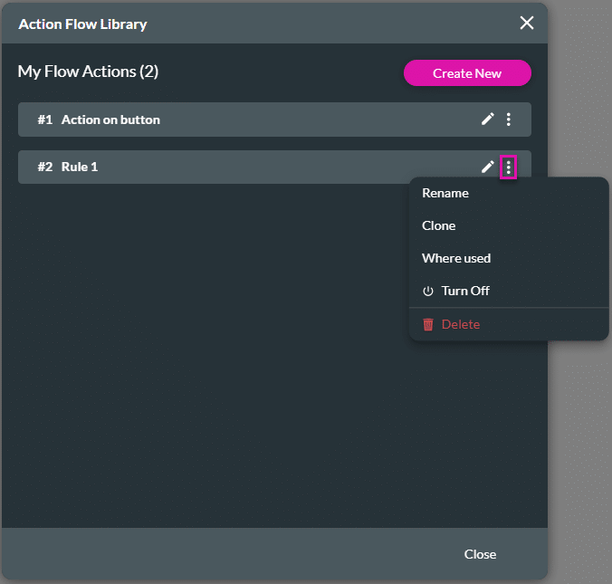 Action Flow Library screen