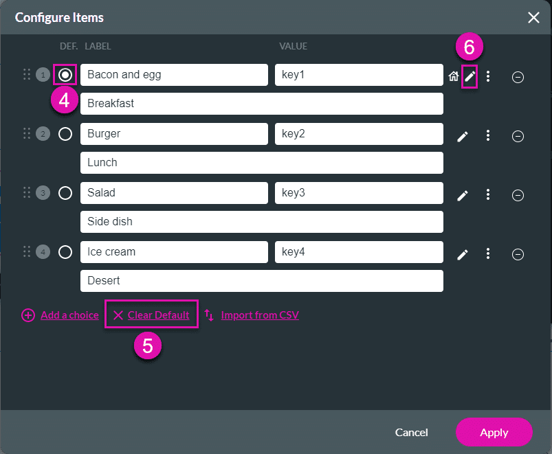 Configure Items screen