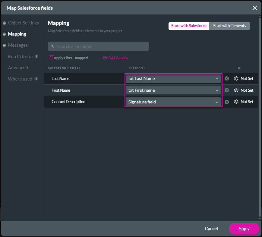 Map Salesforce fields screen