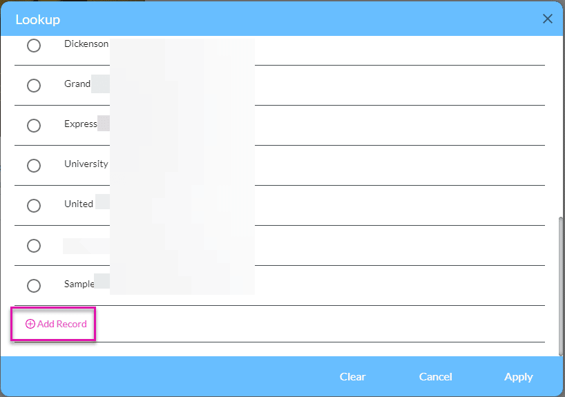 Add Record example screen